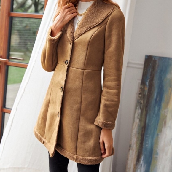 Camel Sherpa lined suede jacket coat - Picture 3 of 5